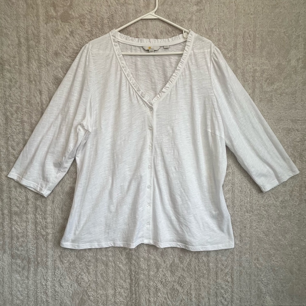 Boden Ivory Cottagecore Cotton Button Up Blouse Sz 22R Ruffle Neck Minimalist